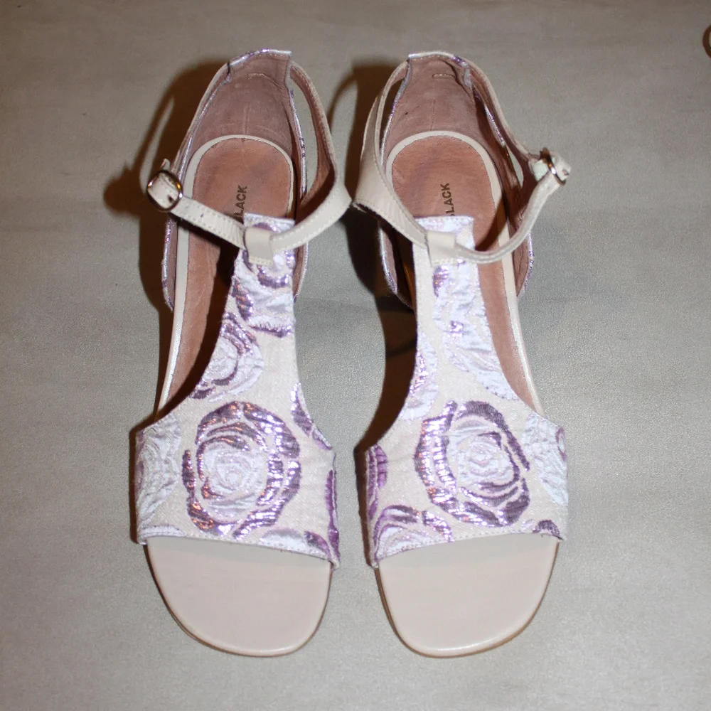 ANTHROPOLOGIE All Black Pink Purple Brocade T-Strap Pumps Block Heels 10 40